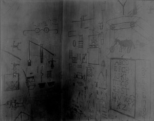 26 St. Elizabeth’s Hospital. Wall of room in Ward Retreat 1. Reproductions made by a patient, a disturbed case of dementia praecox; pin or fingernail used to scratch.jpg